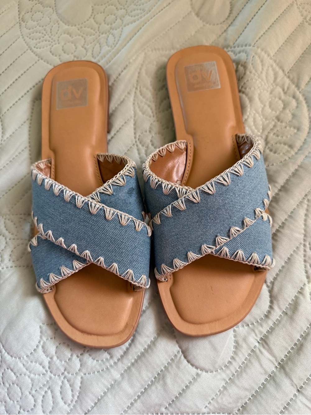 DV by Dolce Vita Denim Crossband Slides in Light Blue and Tan Footbed